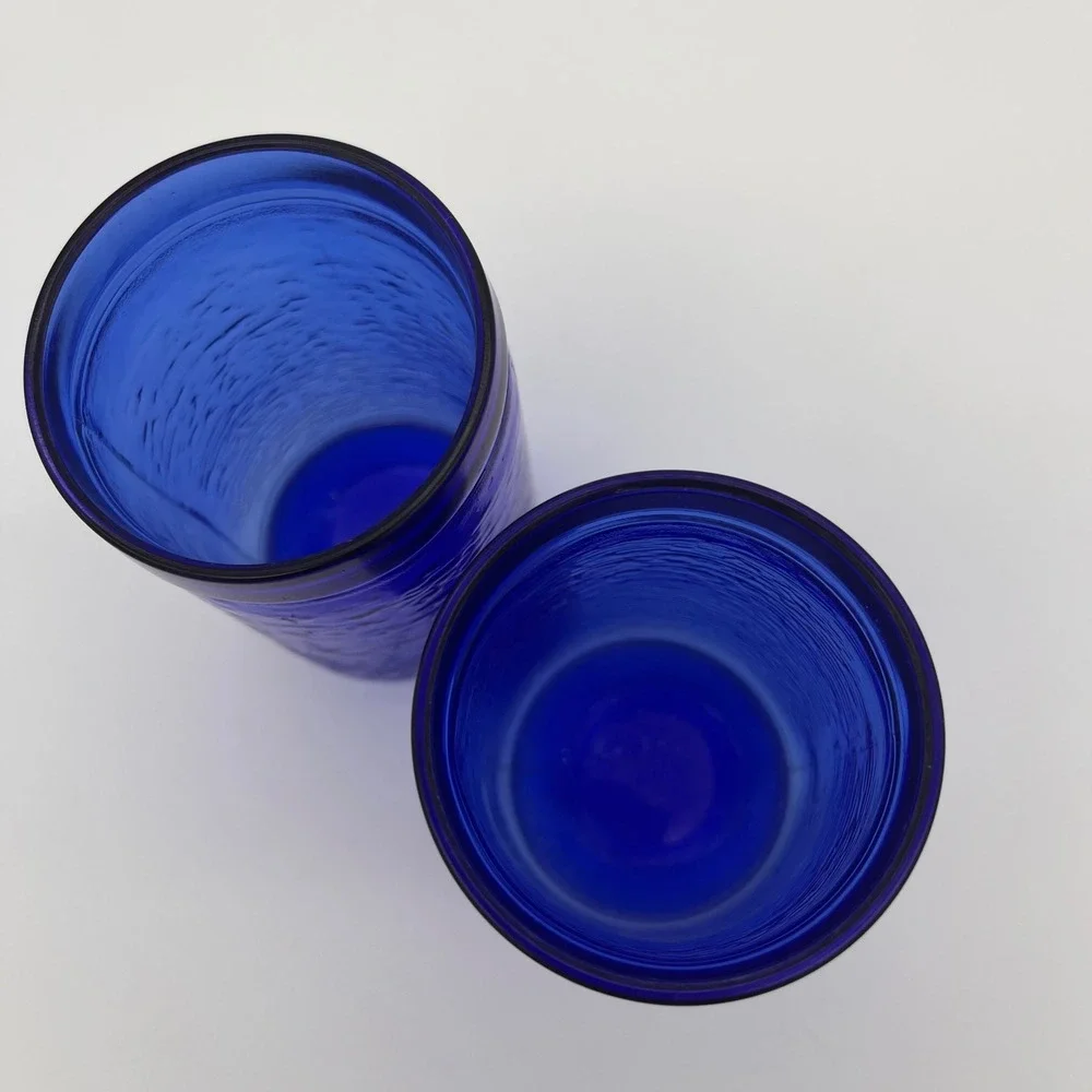 Vintage Cobalt Blue Textured Bark Glass Tumblers Set of 2 Drinking Glasses